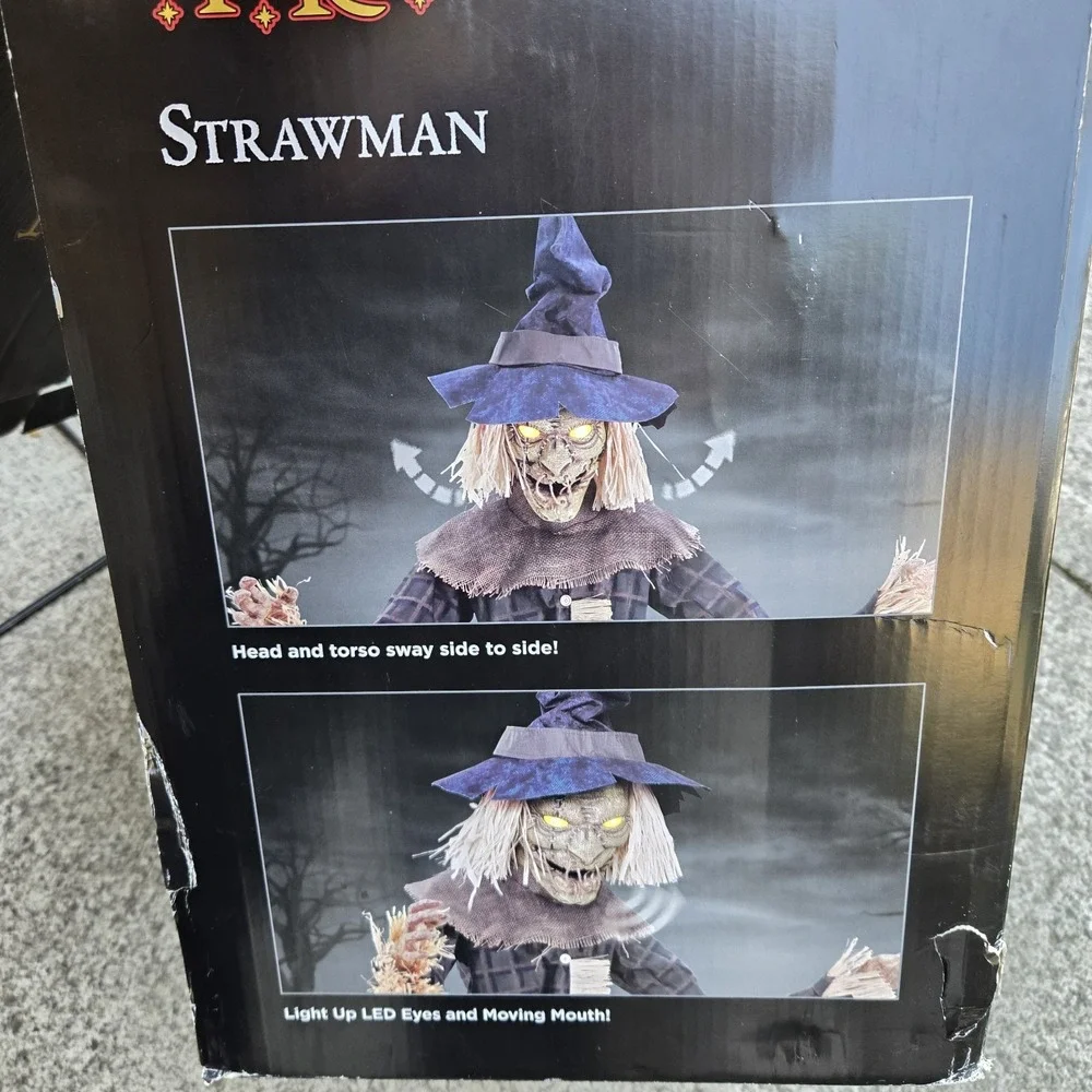 Spirit Halloween Strawman Scarecrow animated Talking prop W Box 6.6ft Eyes Light